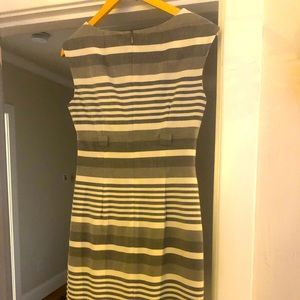 Striped ivory and light grey vintage shaped work dress with silver skinny belt